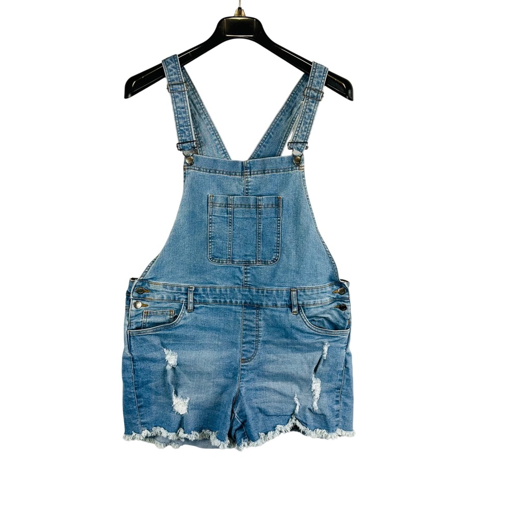 Venus‎ Womans Sz 14 Shortalls Denim Shorts Overalls Blue Pockets Distressed